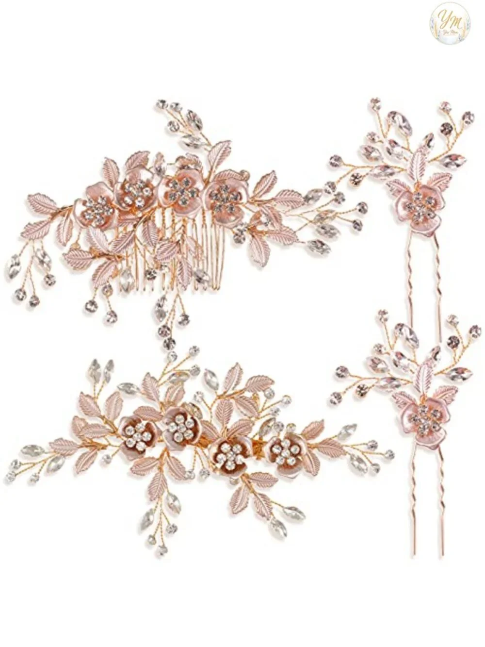 4PC Bridal Rose Gold Hair Accessories Rhinestone Flower Barrette Wedding Hair